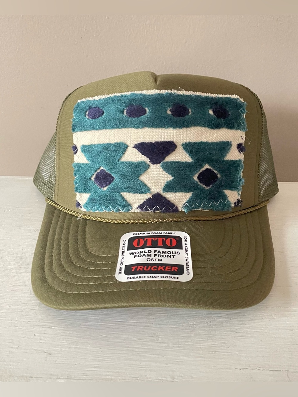 Orijinal Design Trucker Hat Green with Teal Navy Cream Kilim Patch NEW W/ TAGS